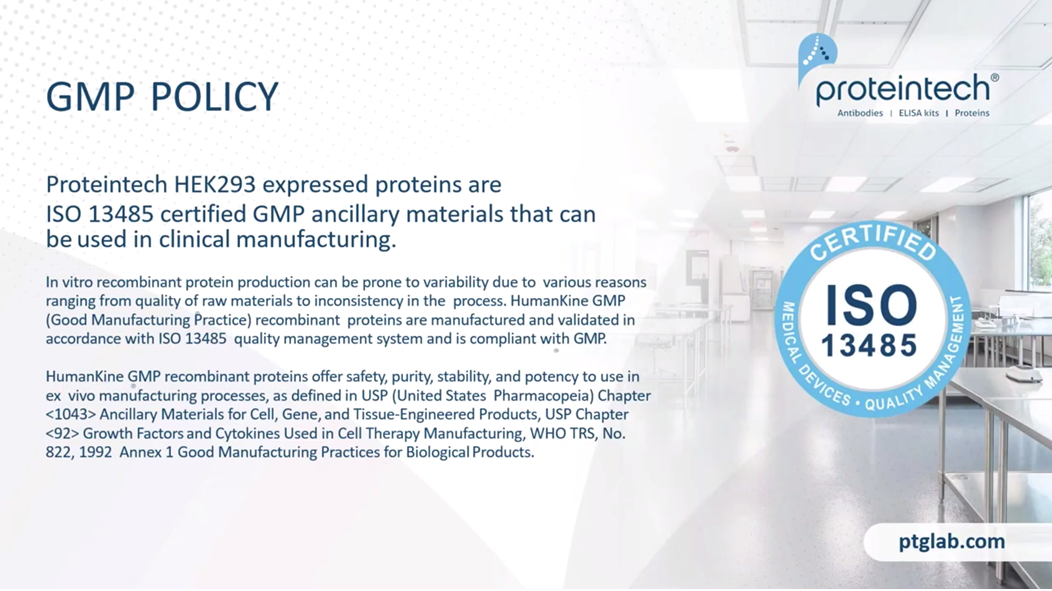 Proteintech HEK293 expressed proteins are ISO13485 certified GMP ancillary materials that can be used in clinical manufacturing