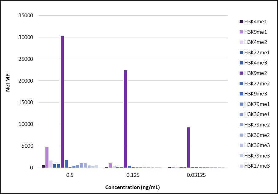 AbFlex Histone H3K9me2 antibody (rAb) tested by Luminex bead-based specificity analysis. Luminex bead-based specificity analysis was used to confirm the specificity of AbFlex Histone H3K9me2 antibody (rAb) antibody for methyl-lysine 9 H3. Peptides corresponding to regions around major sites of histone H3 methylation or other methyl-lysine peptides were conjugated to MagPlex Luminex beads and incubated with various amounts of AbFlexHistone H3K9me2 antibody (rAb). Peptide-bound antibody was detected with anti-mouse IgG-Phycoerythrin and read in a Luminex instrument. Luminex is a registered trademark of Luminex Corporation.