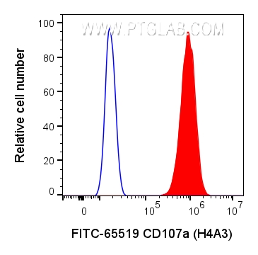 Flow cytometry (FC) experiment of HeLa cells using FITC Plus Anti-Human CD107a (H4A3) Mouse Recombina (FITC-65519)