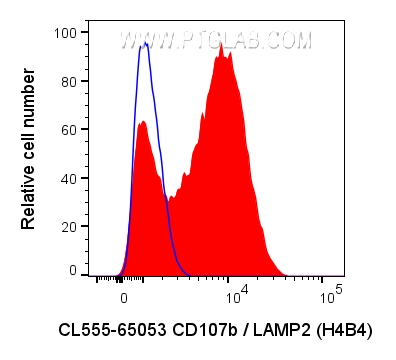 Flow cytometry (FC) experiment of Jurkat cells using CoraLite® Plus 555 Anti-Human CD107b / LAMP2 (H4B4 (CL555-65053)