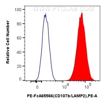 Flow cytometry (FC) experiment of Jurkat cells using FcZero-rAb™ PE Anti-Human CD107b / LAMP2 (H4B4) Ra (PE-FcA65566)