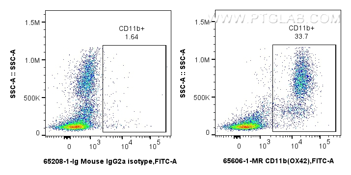 Flow cytometry (FC) experiment of rat bone marrow cells using Anti-Rat CD11b (OX42) Mouse IgG2a Recombinant Anti (65606-1-MR)