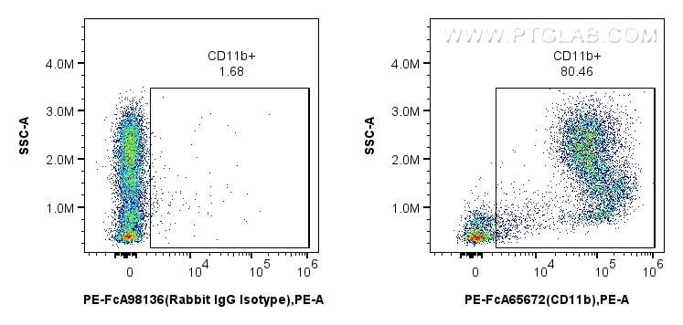 Flow cytometry (FC) experiment of mouse bone marrow cells using FcZero-rAb™ PE Anti-Mouse CD11b (M1/70) Rabbit IgG (PE-FcA65672)