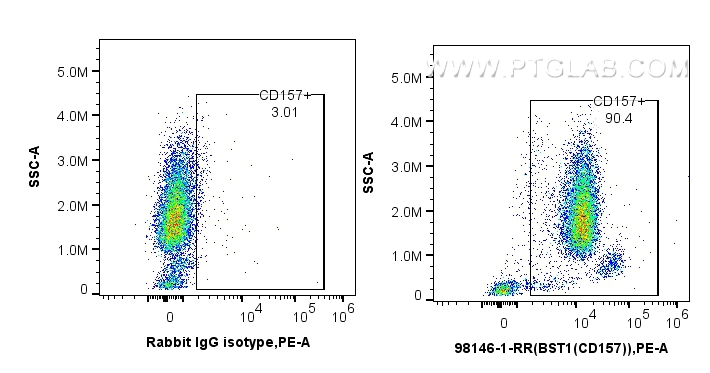 Flow cytometry (FC) experiment of human peripheral blood leukocytes using Anti-Human CD157 Rabbit Recombinant Antibody (98146-1-RR)