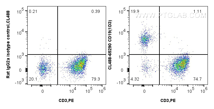 Flow cytometry (FC) experiment of C57BL/6 mouse splenocytes using CoraLite® Plus 488 Anti-Mouse CD19 (1D3) (CL488-65290)