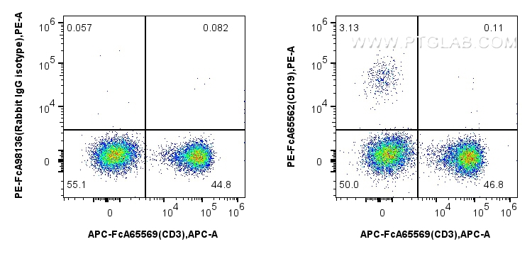 Flow cytometry (FC) experiment of human PBMCs using FcZero-rAb™ PE Anti-Human CD19 (4G7) Rabbit IgG Re (PE-FcA65562)