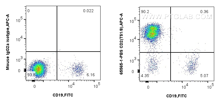 Flow cytometry (FC) experiment of human PBMCs using Anti-Human CD2 (TS1/8) Mouse IgG2a Recombinant Ant (65565-1-PBS)
