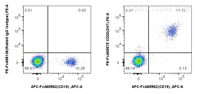 Flow cytometry (FC) experiment of human PBMCs using FcZero-rAb™ PE Anti-Human CD20 (2H7) Rabbit IgG Re (PE-FcA65575)