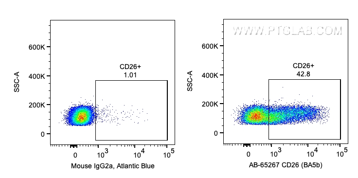 Flow cytometry (FC) experiment of human PBMCs using Atlantic Blue™ Anti-Human CD26 (BA5b) (AB-65267)