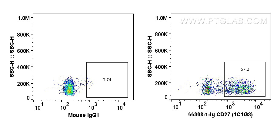 Flow cytometry (FC) experiment of human PBMCs using CD27 Monoclonal antibody (66308-1-Ig)