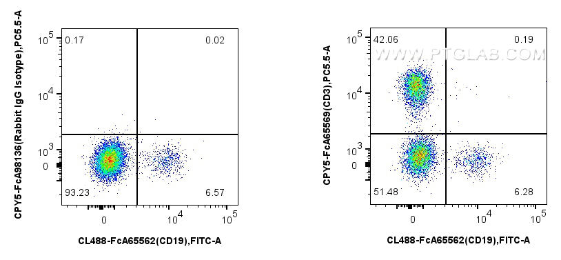 Flow cytometry (FC) experiment of human PBMCs using FcZero-rAb™ PerCP-Cyanine5.5 Anti-Human CD3 (OKT3) (CPY5-FcA65569)