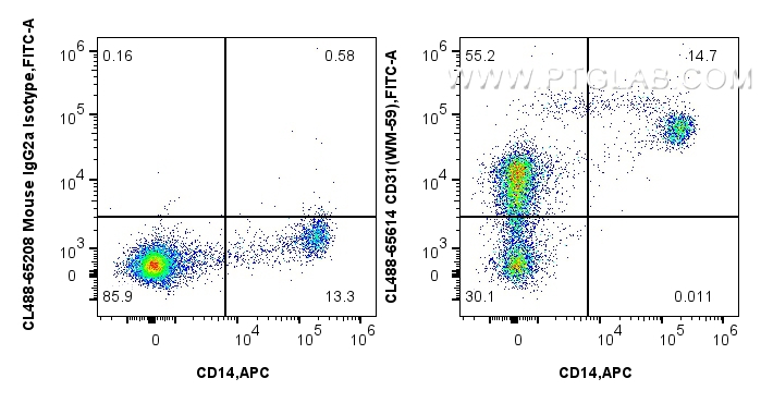 Flow cytometry (FC) experiment of human PBMCs using CoraLite® Plus 488 Anti-Human CD31 (WM-59) Mouse I (CL488-65614)