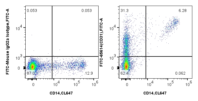 Flow cytometry (FC) experiment of human PBMCs using FITC Plus Anti-Human CD31 (WM-59) Mouse IgG2a Reco (FITC-65614)