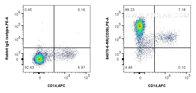 Flow cytometry (FC) experiment of cynomolgus PBMCs cells using CD38 Recombinant monoclonal antibody (84070-6-RR)