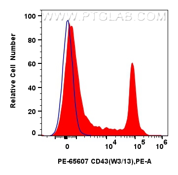 Flow cytometry (FC) experiment of rat splenocytes cells using PE Anti-Rat CD43 (W3/13) Mouse IgG2a Recombinant A (PE-65607)