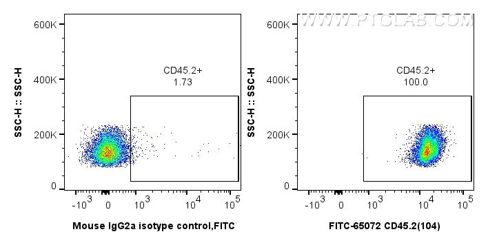 Flow cytometry (FC) experiment of mouse splenocytes using FITC Anti-Mouse CD45.2 (104) (FITC-65072)