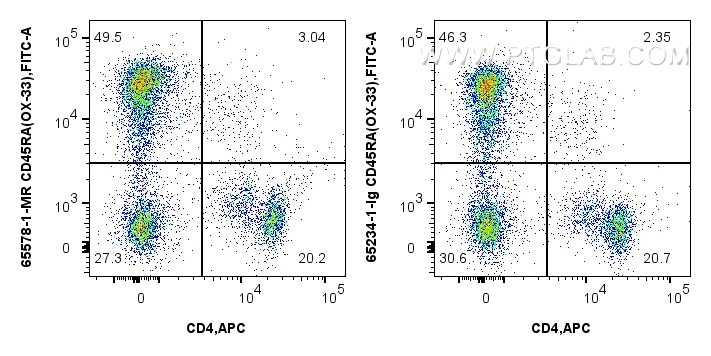 Flow cytometry (FC) experiment of rat splenocytes cells using Anti-Rat CD45RA (OX-33) Mouse IgG2a Recombinant An (65578-1-MR)