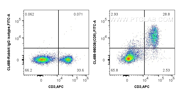 Flow cytometry (FC) experiment of mouse splenocytes using CoraLite® Plus 488 Anti-Mouse CD5 Rabbit Recombina (CL488-98038-2)