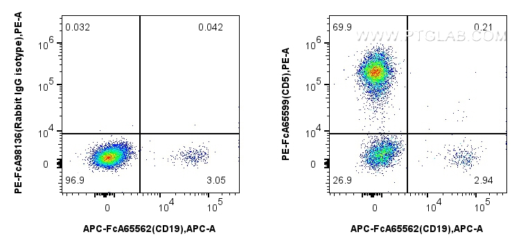 Flow cytometry (FC) experiment of human PBMCs using FcZero-rAb™ PE Anti-Human CD5 (L17F12) Rabbit IgG  (PE-FcA65599)