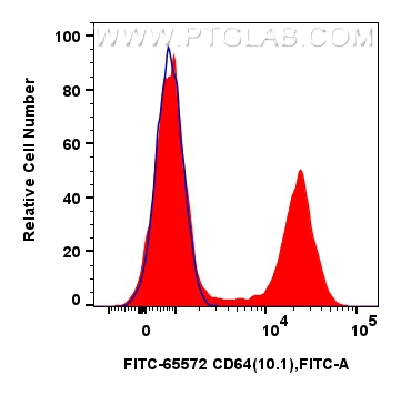 Flow cytometry (FC) experiment of human PBMCs using FITC Plus-conjugated  CD64 Recombinant antibody (FITC-65572)