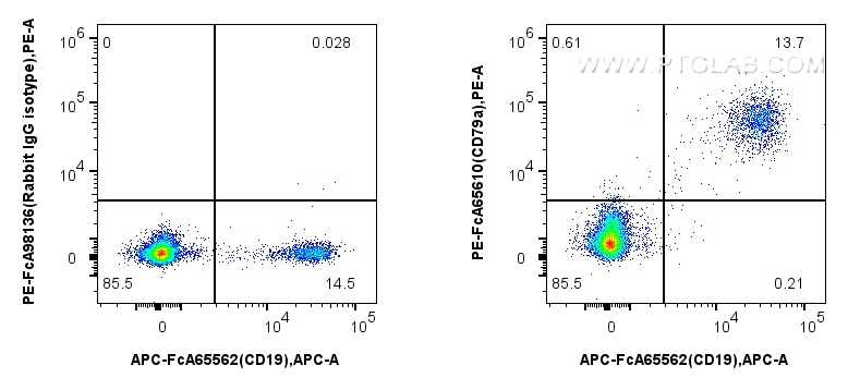 Flow cytometry (FC) experiment of human PBMCs using FcZero-rAb™ PE Anti-Human CD79a (HM57) Rabbit IgG  (PE-FcA65610)