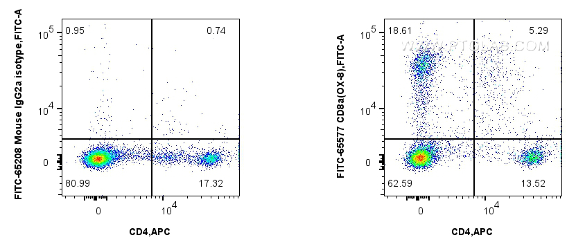 Flow cytometry (FC) experiment of rat splenocytes cells using FITC Plus Anti-Rat CD8a (OX-8) Mouse IgG2a Recombi (FITC-65577)