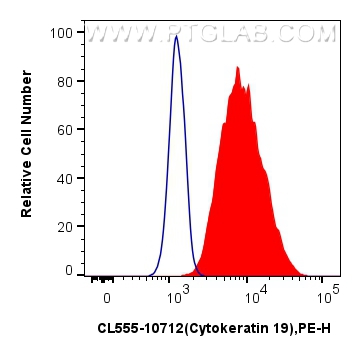 Flow cytometry (FC) experiment of A431 cells using CoraLite® Plus 555-conjugated Cytokeratin 19 Polyc (CL555-10712)