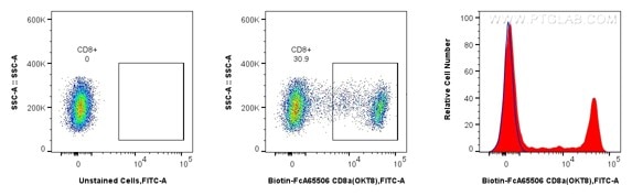 Flow cytometric analysis of human PBMCs using Biotin anti-human CD8a and CoraLite®FITC PLUS-conjugated Streptavidin. Human PBMCs were stained with Biotin CD8a Recombinant Antibody (Cat.No. Biotin-FcA65506, Clone: OKT8), washed with PBS, and stained with FITC PLUS-Conjugated Streptavidin (Cat.No.FITC-PF00030) and analyzed by flow cytometry. Flow cytometric analysis of human PBMCs using Biotin anti-human CD8a and CoraLite®FITC PLUS-conjugated Streptavidin. Human PBMCs were stained with Biotin CD8a Recombinant Antibody (Cat.No. Biotin-FcA65506, Clone: OKT8), washed with PBS, and stained with FITC PLUS-Conjugated Streptavidin (Cat.No.FITC-PF00030) and analyzed by flow cytometry.