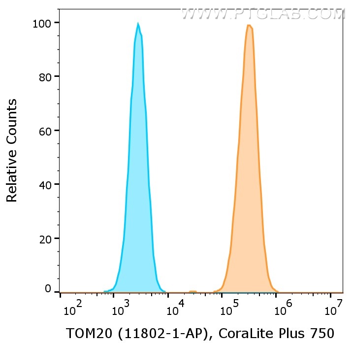 1X10^6 HeLa cells were intracellularly stained with anti-TOM20 rabbit polyclonal antibody (11802-1-AP, orange) or with isotype control antibody (30000-0-AP, blue) labeled with FlexAble 2.0 CoraLite® Plus 750 Kit (KFA504). Cells were fixed and permeabilized with Foxp3 /Transcription Factor Staining Buffer Kit (PF00011). 
