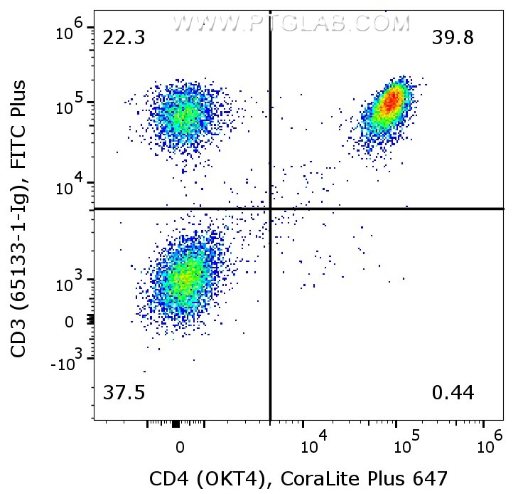 1X10^6 human PBMCs were surface co-stained with CoraLite® Plus 647 Anti-Human CD3 (CL647-65134, Clone:OKT4), and Anti-Human CD3 (65133-1-Ig, Clone: OKT3) labeled with FlexAble 2.0 FITC Plus Kit (KFA548). Cells were not fixed. Lymphocytes were gated.