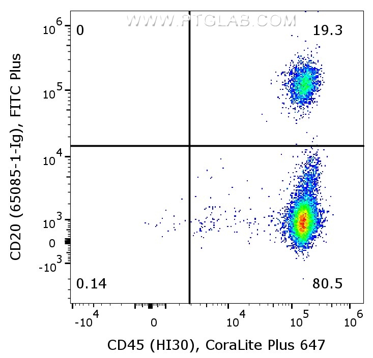 1X10^6 human PBMCs were surface co-stained with CoraLite® Plus 647 Anti-Human CD45 (CL647-65109, Clone: 2H7), and Anti-Human CD45 (65109-1-Ig, Clone: HI30) labeled with FlexAble 2.0 FITC Plus Kit (KFA568). Cells were not fixed. Lymphocytes were gated.