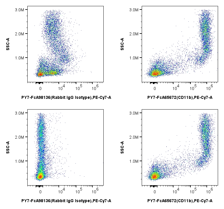 MonoZero™ Monocytes Blocking Reagent reduces non-specific background in mouse bone marrow without affecting specific binding of antibody to the target protein. Moues bone marrow cells were incubated with (bottom) and without (top) MonoZero™ Monocytes Blocking Reagent, then stained with PY7-FcA98136 (PE-Cyanine7 conjugated Rabbit IgG Isotype Control, left), or PY7-FcA65672 (PE-Cyanine7 conjugated Anti-Mouse CD11b, right). MonoZero™ Monocytes Blocking Reagent reduces non-specific background in mouse bone marrow without affecting specific binding of antibody to the target protein. Moues bone marrow cells were incubated with (bottom) and without (top) MonoZero™ Monocytes Blocking Reagent, then stained with PY7-FcA98136 (PE-Cyanine7 conjugated Rabbit IgG Isotype Control, left), or PY7-FcA65672 (PE-Cyanine7 conjugated Anti-Mouse CD11b, right).
