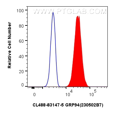 Flow cytometry (FC) experiment of HeLa cells using CoraLite® Plus 488-conjugated GRP94 Recombinant an (CL488-83147-5)