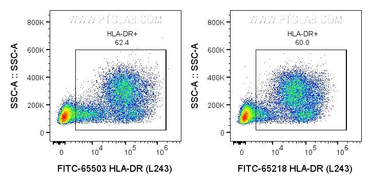 Flow cytometry (FC) experiment of human PBMCs using FITC Plus Anti-Human HLA-DR  (L243) Rabbit Recombi (FITC-65503)