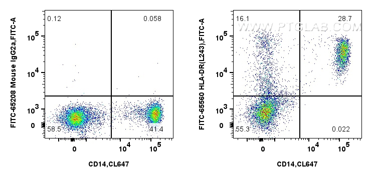 Flow cytometry (FC) experiment of human PBMCs using FITC Plus Anti-Human HLA-DR  (L243) Mouse IgG2a Re (FITC-65560)