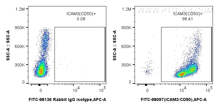 Flow cytometry (FC) experiment of human PBMCs using FITC Plus Anti-Human ICAM3/CD50 Rabbit Recombinant (FITC-98097)