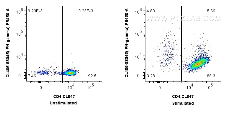 Flow cytometry (FC) experiment of C57BL/6 Th1-polarized splenocytes using CoraLite® Plus 405 Anti-Mouse IFN-gamma Rabbit Rec (CL405-98045)