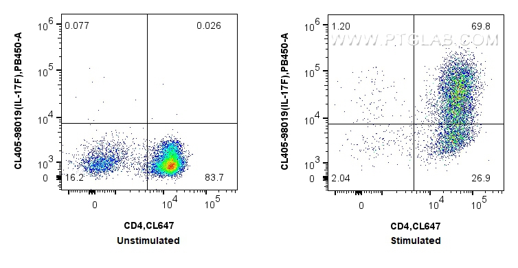 Flow cytometry (FC) experiment of C57BL/6 Th17-polarized splenocytes using CoraLite® Plus 405 Anti-Mouse IL-17F Rabbit Recomb (CL405-98019)