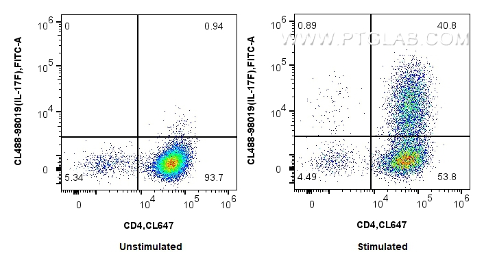 Flow cytometry (FC) experiment of C57BL/6 Th17-polarized splenocytes using CoraLite® Plus 488 Anti-Mouse IL-17F Rabbit Recomb (CL488-98019)