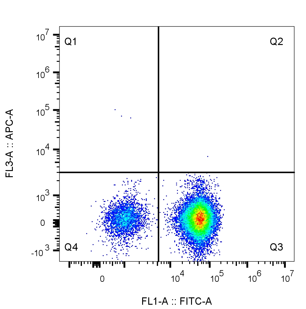 Flow cytometry of PBMCs. 1X10^6 human peripheral blood mononuclear cells (PBMCs) were stained with 0.5 µg anti-human CD3 antibody (clone UCHT1, 65151-1-Ig) labeled with FlexAble CoraLite® Plus 488 Kit (KFA021).