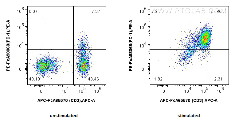 Flow cytometry (FC) experiment of human PBMCs using FcZero-rAb™ PE Anti-Human PD-1/CD279 Rabbit Recomb (PE-FcA98068)
