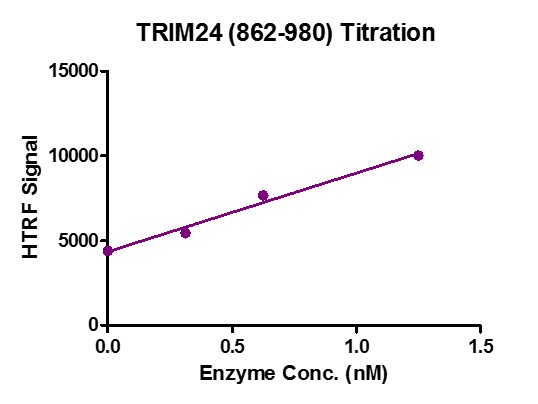 HTRF Assay for Recombinant TRIM24 (862-980) activity. 3 uM histone peptide H3K14ac was incubated with TRIM24 (862-980) protein in reaction buffer including 50 mM HEPES-NaOH pH 7.0, 0.1% BSA for 1 hour at room temperature. Anti-Flag antibody was used to detect reaction products.	