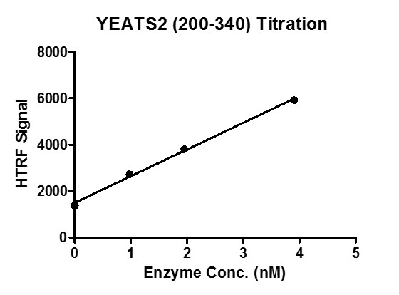 Recombinant YEATS2 (200-340) protein activity assay H3K27cr (crotonylated Lysine 27) peptide was incubated with different concentrations of YEATS2 (200-340) protein in reaction buffer for 1 hour, then FLAG antibody and SA-XL665 mixture was added to each reaction system for 30 min. All the operations and reactions were performed at room temperature. HTRF assay was used for detection.