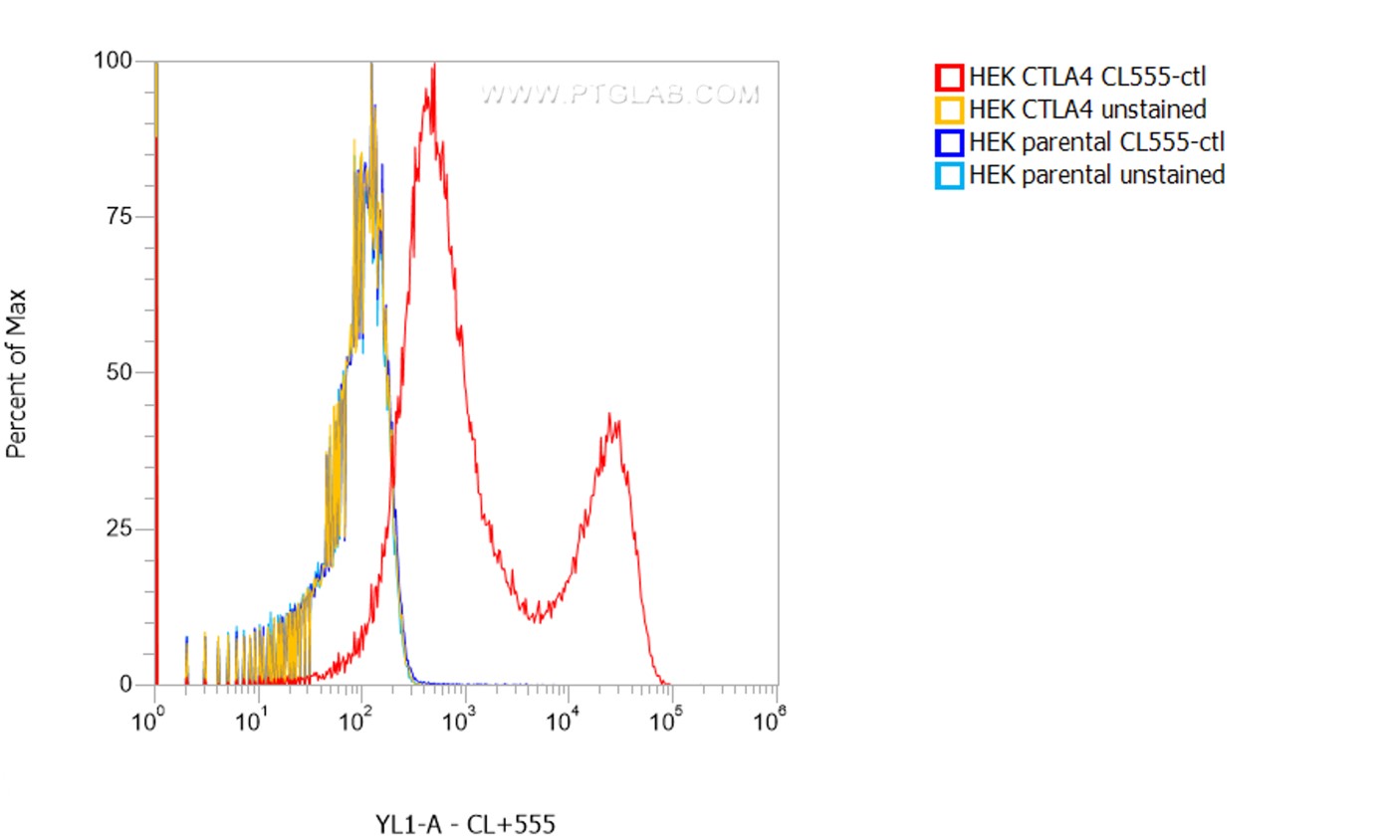 1X10^6 HEK CTLA4 transient transfected cells (red) and HEK parental cells were surface stained with 0.5 µg CoraLite® Plus 555 conjugated CTLA-4 VHH (CL555-ctl). Cells were not fixed.