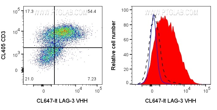 Left: 1x10^6 PHA-treated (3d) human PBMCs were surface stained with 0.5ug CoraLite® Plus 647 conjugated LAG-3 VHH (CL647-lt) and CL405 CD3 (CL405-65151). Right: 1x10^6 PHA-treated (3d) human PBMCs were surface stained with 0.5ug CoraLite® Plus 647 conjugated LAG-3 VHH (CL647-lt) (red) or unstained (blue). 1X10^6 untreated human PBMCs were surface stained with 0.5ug CoraLite® Plus 647 conjugated LAG-3 VHH (CL647-lt) (black dashed). Cells were treated with FC Receptor Block prior to staining. Cells were not fixed. Lymphocytes were gated.