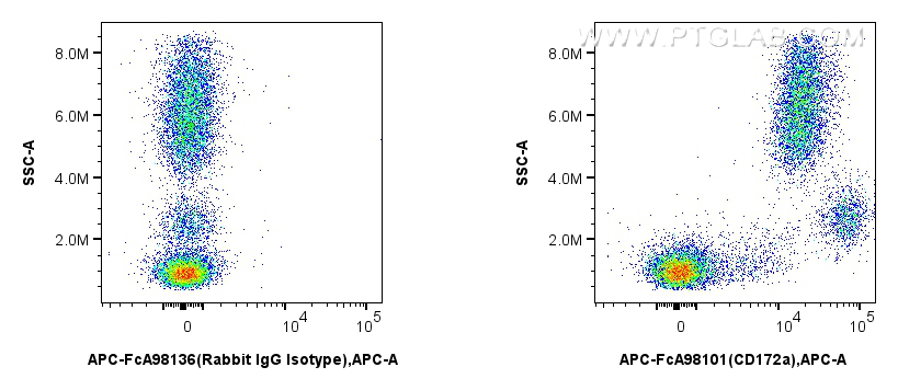 Flow cytometry (FC) experiment of human peripheral blood leukocytes using FcZero-rAb™ APC Anti-Human SIRP Alpha/CD172a Rabbi (APC-FcA98101)