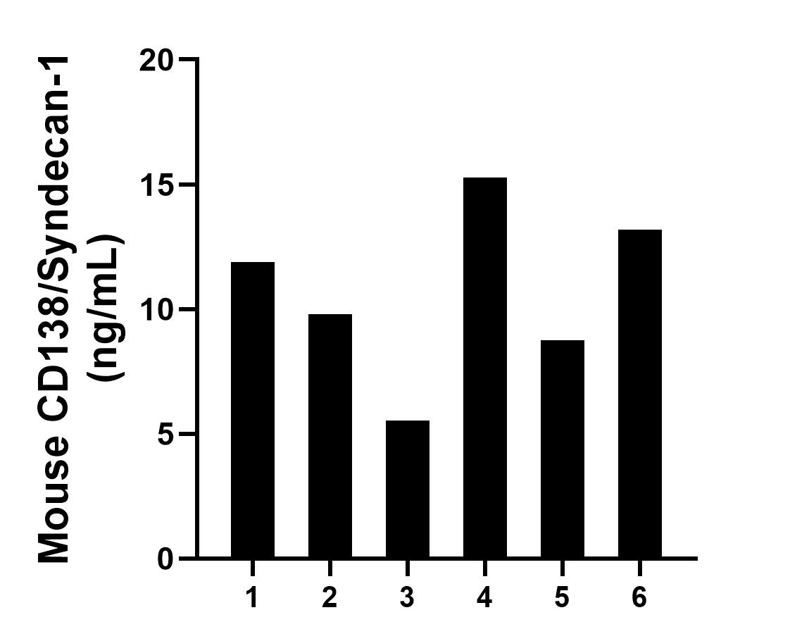 Serum of six mice was measured. The CD138/Syndecan-1 concentration of detected samples was determined to be 10.74 ng/mL with a range of 5.54-15.27 ng/mL.