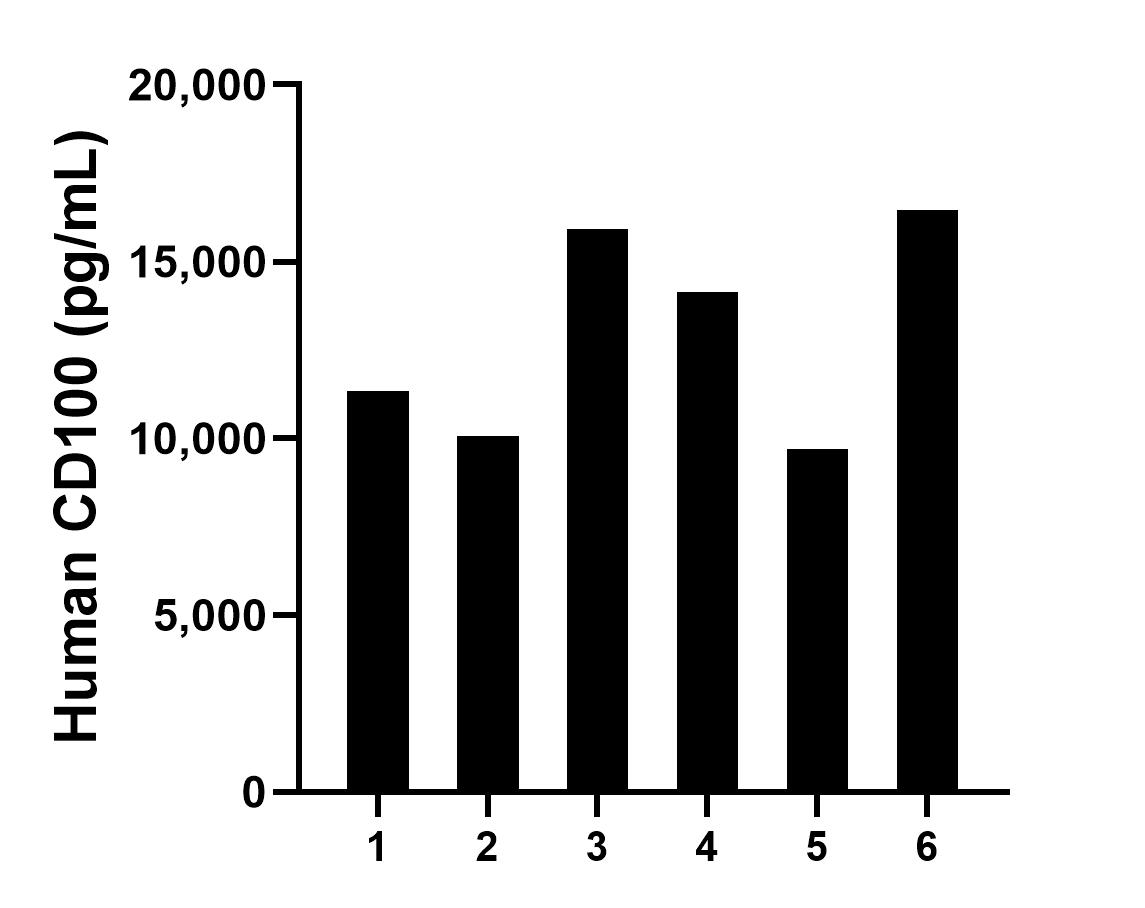 Plasma of six individual healthy human donors was measured. The human CD100 concentration of detected samples was determined to be 12,939.0 pg/mL with a range of 9,708.2 - 16,458.0 pg/mL.