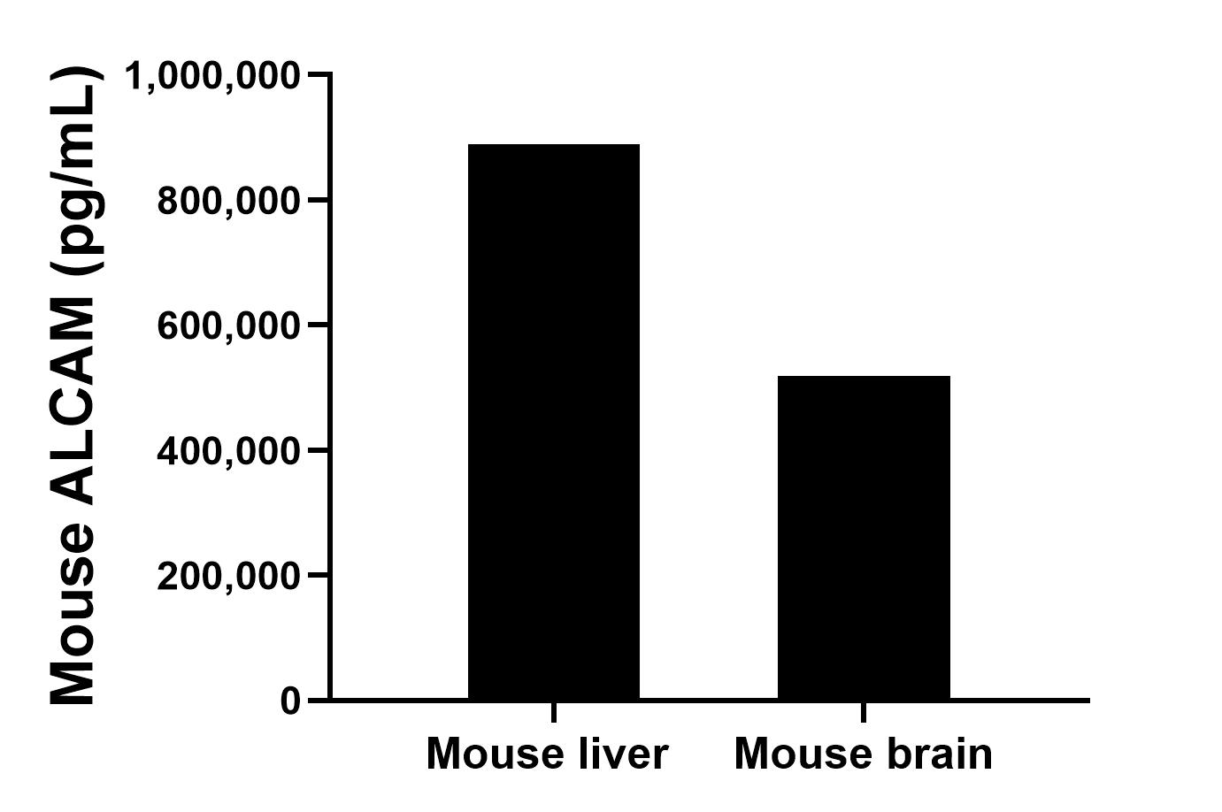 The mean ALCAM concentration was determined to be 888,916.9 pg/mL in mouse liver cell extract based on a 3.7 mg/mL extract load and 518,424.5 pg/mL in mouse brain cell extract based on a 2.0 mg/mL extract load. 