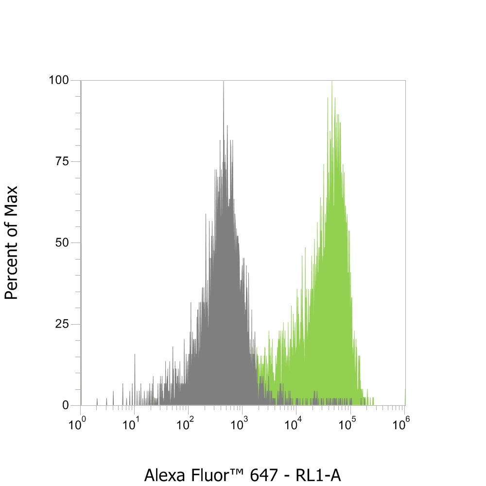 Flow cytometry with anti-mouse Nano-Secondaries. Jurkat CD3+ and Jurkat CD3- cell lines were mixed and immunostained live with anti-CD3 mouse IgG1 and alpaca anti-mouse IgG1 VHH Alexa Fluor® 647 (1:600). Two cell populations can be clearly distinguished with a 2-log shift: CD3-positive cells (in green) and CD3-negative cells (in grey).